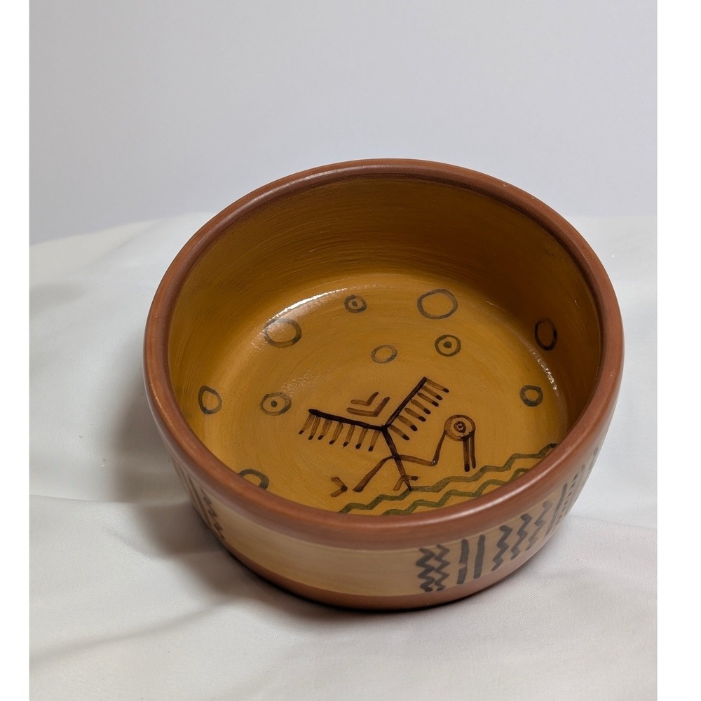 Seminario Urubamba Cusco Peru Pottery Bowl Brown Hand Painted Bird Fish Design